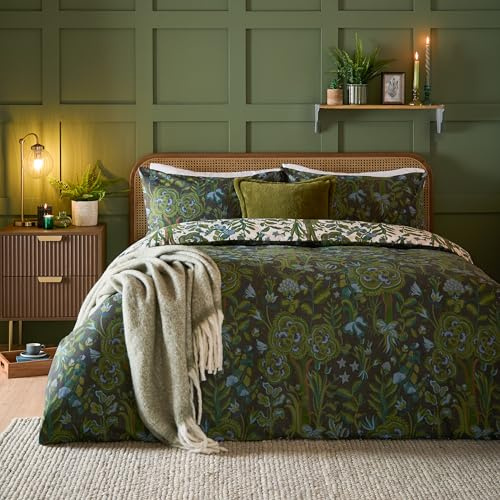 furn. Set copripiumino Garden of Wonder - Set di biancheria da letto reversibile in misto cotone con motivo floreale e boscaglia botanica (Sempreverde - Doppio)