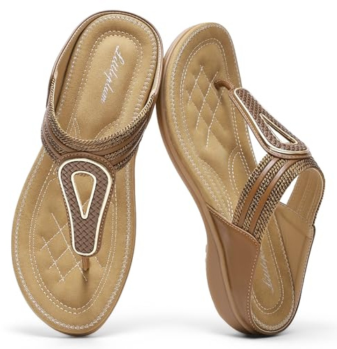 Littleplum Women's Flat Sandals Summer Bohemian Casual Flip Fops,A Brown,4.5 UK