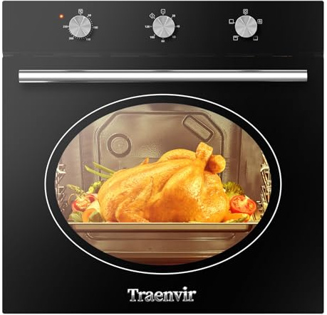 Traenvir Built-in Electric Oven, 65L Capacity, 2200W, Silver Stainless Steel, Knob Control, Timer, 4 Functions, 50-250℃, 220V, Grill Heating Element, Black