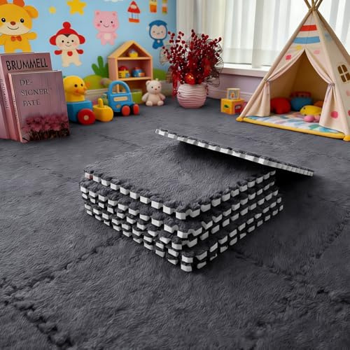 12 tappetini in schiuma di peluche a incastro, per soggiorno, camera da letto, per moquette, con bordo, morbidi, 30 x 30 x 1 cm (nero)