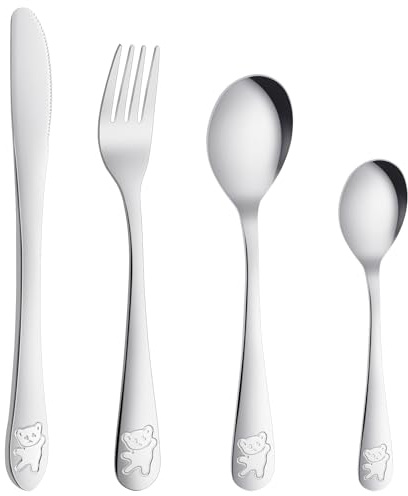 AUAUY 4 Pezzi Set di Posate in Acciaio Inox, Grazioso Set di Posate, Impostato Include 1 Forchetta, 1 Coltello da Tavola, 1 Cucchiaio Piccolo, 1 Cucchiaio Grande (Modello dell'orso）