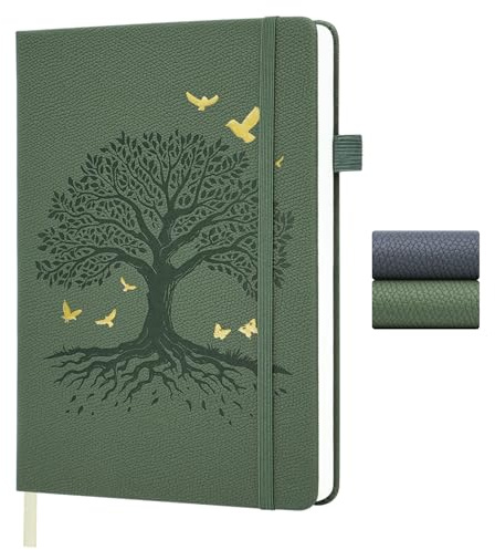 BIHIYII A5 Journal Notebook, 200 Pages A5 Notebook, Tree of Life Tree Embossed Hardcover Leather Lined Note Book, Journals for Women Men, Notepad for Diary, Office, School, Travel, 14.5 x 21cm (Green)