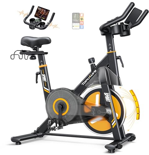 TOPUTURE Velo d Appartement, Vélo d'Appartement Silencieux avec Résistance Magnétique Électrique 32 Niveaux, Écran Tactile Haut de Gamme avec App et Capteur Cardiaque, Support Haltères, Capacité 150kg