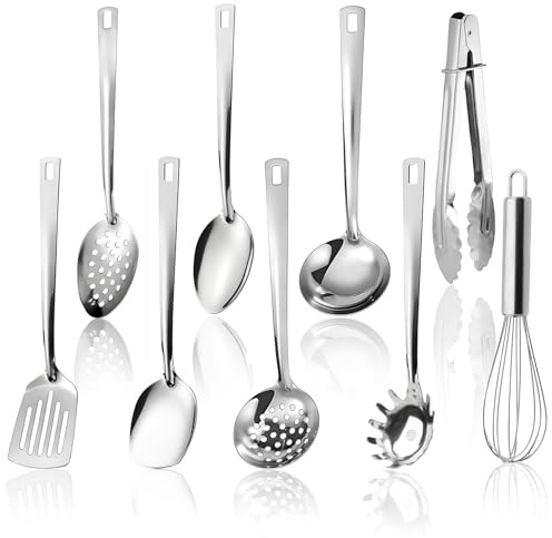 9 stycken kökshjälps-set i rostfritt stål – köksverktyg med hängande håldesign, köksredskap, diskmaskinssäker, rostfritt stål slev stekspade och mer, silverfärger
