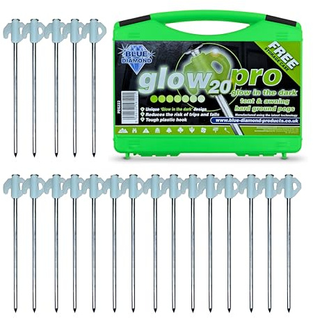 Blue Diamond Glow Tent Pegs - Pack of 20 | Heavy Duty Hard Ground Tent Pegs, Camping Pegs | Rustproof Galvanized Steel | Glow in the Dark | (Carry Case)