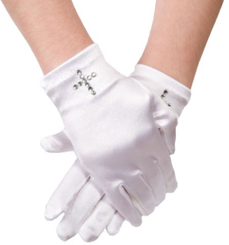 Flora Satin Girl's Short Fingered Communion Glove,Wrist Length with Diamante Cross