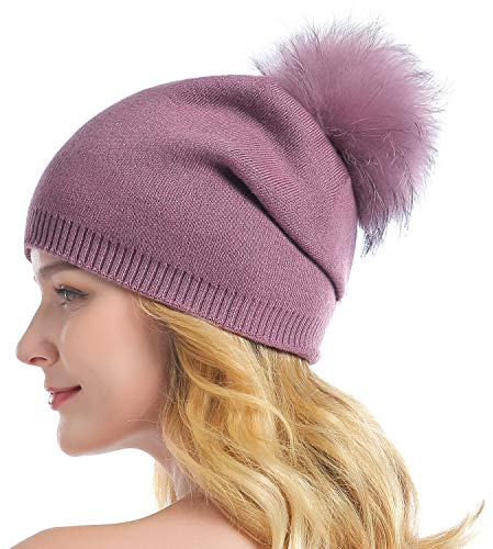 Women Knit Wool Beanie - Winter Fashion Solid Wool Hats Real Removable Raccoon Fur Pom Pom Warm Ski Beanie