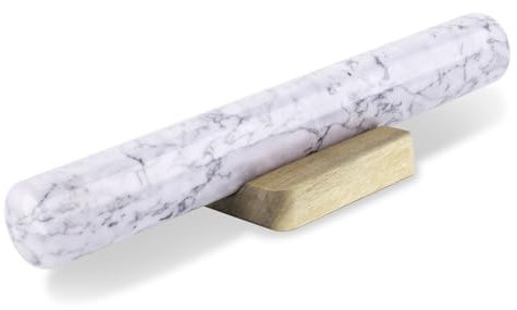 Flexzion French Rolling Pin, 12 Inch White Marble Rolling Pins for Baking with Wooden Base Holder Stand - Non-Stick Baking Roller for Baking Fondant, Crust, Pastry, Cookies, Pizza, Pasta