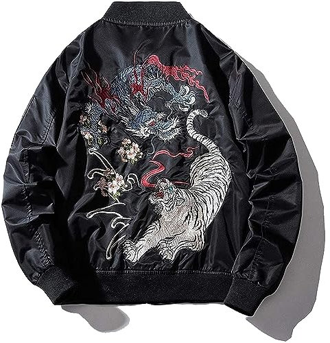 XYXIONGMAO Japanese Dragon Tiger Hip Hop Clothing Men'S Bomber Jacket Oversized Street Windbreaker Flying Streetwear, Black, L