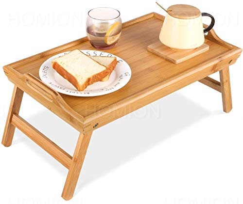 Wood Wooden Breakfast in Bed Tray, 50 x 30 x 23 cm Serving Lap Tray With Folding Legs And Handles, Natural Brown