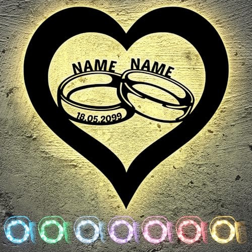 LED Schlummerlicht Eheringe in Herz personalisiert mit Wunschnamen und Datum Deko Nachtlicht Hochzeitsgeschenk Brautpaar - Individuelles Geschenk zur Hochzeit oder zum Jahrestag - in 13 Farben - LOVE