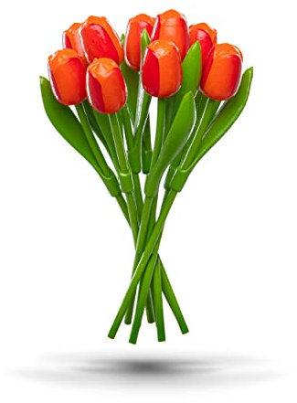 MomoMoments Bouquet de tulipes en bois pour l'être aimé - 9 tulipes en bois - 34 cm de haut - Peintes à la main - Fleurs en bois - Cadeau pour femme - Fabriqué aux Pays-Bas (orange/rouge)