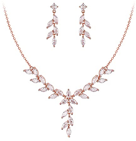 Clearine Matrimonio Set di gioielli per Sposa Bridesmaid Marquise Trasparente CZ Cluster Rosa Oro Ciondolo a forma di Y Collana Orecchini pendenti