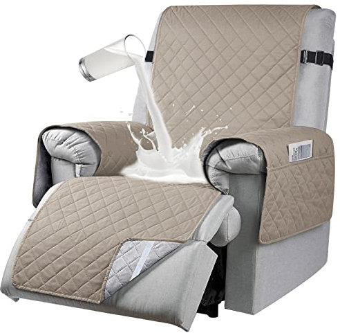 RAPRAP Recliner Sofa Cover with 6 Side Pockets, Waterproof 1 Seats Chair Adjustable Tightening Straps, slipcover for Armchairs, Non-slip Protect Pets, Khaki (RAPRAP05)