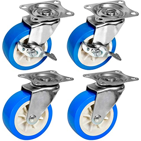 PRIOstahl Lenkrollen Möbelrollen Bremsrollen Schwerlastrollen Transportrollen - 4er SET: 2 Lenkrollen + 2 Lenkrollen mit Bremse 75mm Blaue Rollen für Möbel Spurlos & Leise Premium Rollensatz