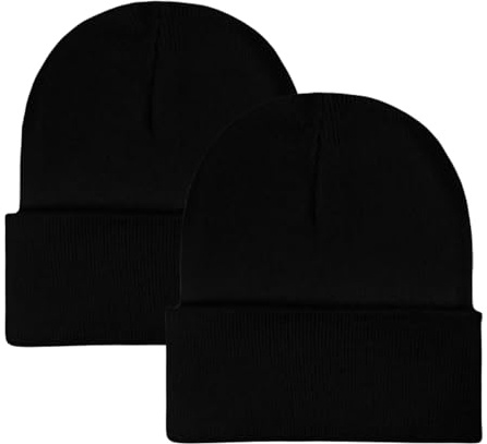 WESTEND CHOICE 2 Pack Beanie Hat for Teenagers Winter Hats Knitted Boys Girls Unisex Beanies Ski Warm Thermal Double Layered Beanie Hats (Black)