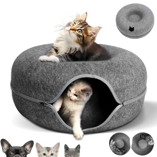 KunpengZen Cat Tunnel, Fun Hiding Tent Tunnels for Indoor Cats, Zipper Design Felt Donut Cave Dog Bed 50cm for Small Pets Up to 4 kg, Kittens, Rabbit, Small Dogs