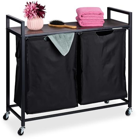 Relaxdays Cesto Ropa Sucia con Balda, 2 Sacos Extraíbles, Canasto Móvil, Diseño Industrial, Cubo Colada, Negro/Marrón, Poliéster, 75,5 x 80 x 33 cm