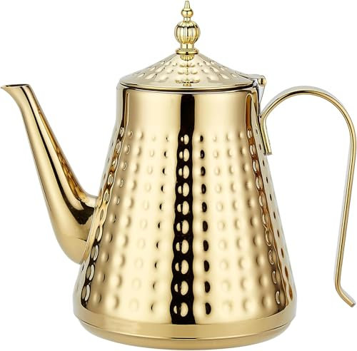 SANQIAHOME 1,65l (54 oz) Teekanne mit Edelstahlhammermuster, mit Siebeinsatz, mit Teesiebgriff, loser Blattabdeckung, Gold