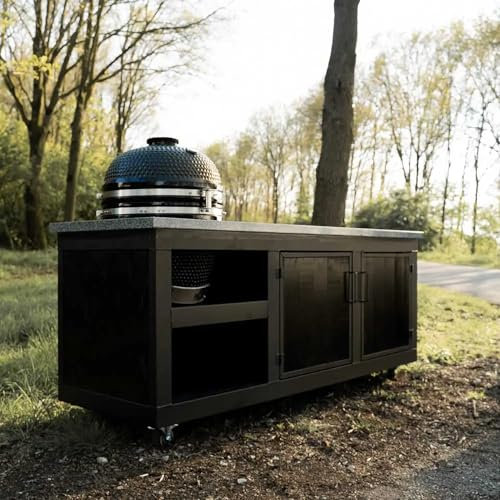 TitanCrafts - The Big Chef Black Außenküche Outdoorküche wetterfest mit Arbeitsplatte aus Granit hell (ohne Aussparung) - Type 2 - inkl. Stauraum, 4 Rädern - für Garten & Terrasse - 210x72x93cm