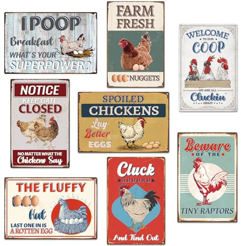 Yoyuspy Funny Chicken Coop Decor, 8PCS Metal Chicken Coop Signs Accessories Outdoor, Farm House Personalized Gifts for Yard Fence Decor 12x8 Inches
