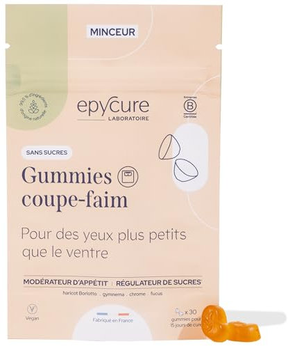 EPYCURE- Gummies Coupe-Faim Sans Sucres - Augmente Satiété, Réduit Faim & Grignotages - 99% Naturel -Beanblock®, Fucus, Gymnema, Chrome - 15 Jours - Vegan - Fabriqué en France