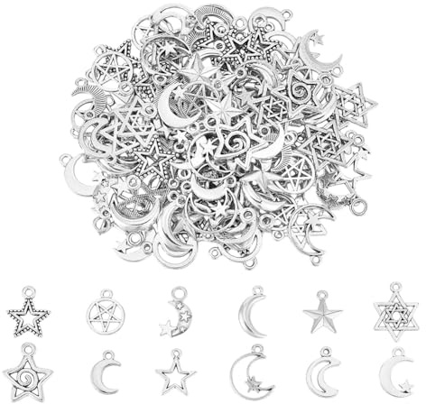 UNICRAFTALE 120 Stycken 12 Stilar Tibetansk Stjärna Hänge i Antik Silver - Pentagram och Måne för Örhängen, Halsband, Armband till Jul - Icke-ädelmetall, Ingen Ädelsten