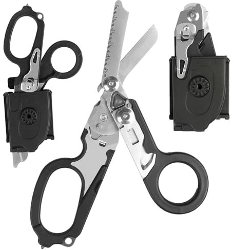 6 in 1 Multi-Function Pieghevole Forbici Trauma con fondina compatibile, Forbici di risposta di emergenza Outdoor Camping Rescue Tools con Strap Cutter e Glass Breaker (Nero)
