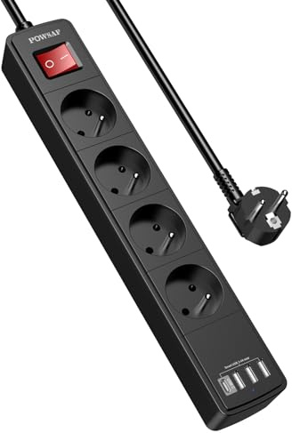 POWSAF Prise Multiple 8-en-1, Bloc de Prises Électrique 4 Prises + 4 USB, 3680W/230V, Interrupteur, pour Maison/Bureau - Noir