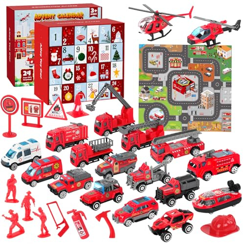 Calendario Adviento Niños Camion Bomberos, Advent Calendar 2025 Cars Juguetes para niño 3 4 5 6 7años, Calendario de Adviento Coche Regalo Adviento, con Aviones Coches Camiones Barcos y Accesorios