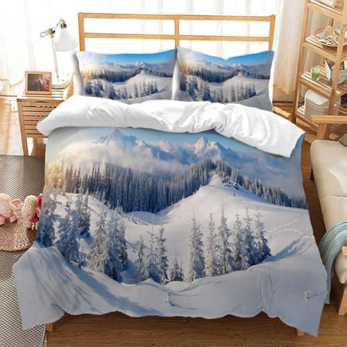 Set Copripiumino Matrimoniale 240x220 Montagne Innevate Microfibra Morbida Biancheria da Letto Stampa 3D Paesaggio Invernale Copripiumino con Cerniera con 2 Federe 50x80 cm e.264