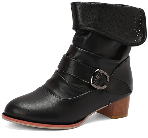 LarDorLin Vintage Ankle Cuff Botas Chelsea Mujer Tacón Medio Punta Rojoonda Hebilla Gladiator Romano Slouch Botín Cremallera Negro Talla 34 EU