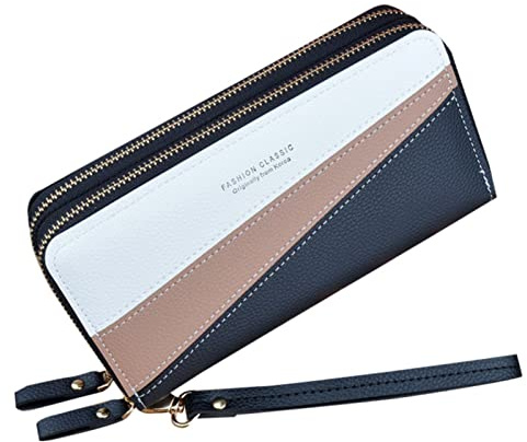 Portefeuille à double fermeture éclair pour femme - Longue et grande capacité - Double couche - Épissure - Changement de couleur contrastée - Petit portefeuille avec fermeture éclair - En cuir (noir