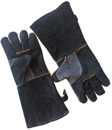 SHINEOFI Cowhide Heat Resistant Oven Mitts 40cm, Black Microwave and Grill Gloves for Kitchen Cooking and BBQ, 1 Pair