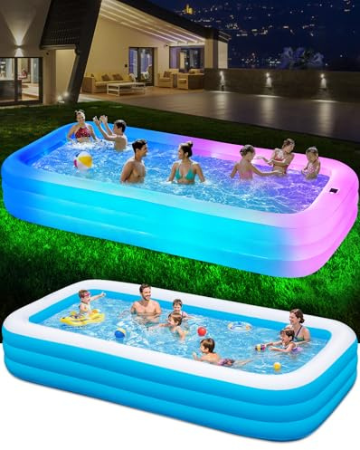 QIUJIN 145x74x22, Large Solar Inflatable Pool with Lights, Oversized Thickened Blow Up Pool for Adults, 7 Color Changed Family Swimming Pool for Backyard, Outdoor