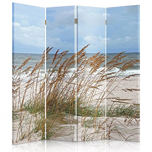 Feeby Paravent Gras Strand 145x180 cm 4 Teilig Modern Design beidseitig Raumteiler Wandschirme Foto Trennwand Raumtrenner Sichtschutz Spanische Wand auf Leinwand Bedruckt Meer Weiß Blau