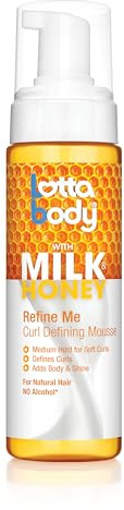 Creme of Nature Lotta Body Milk Honey Refine Me Curl Defining Mousse 7oz | Non-drying foaming mousse that defines curls, controls frizz and adds lightweight shine and hold. Made with milk & honey.