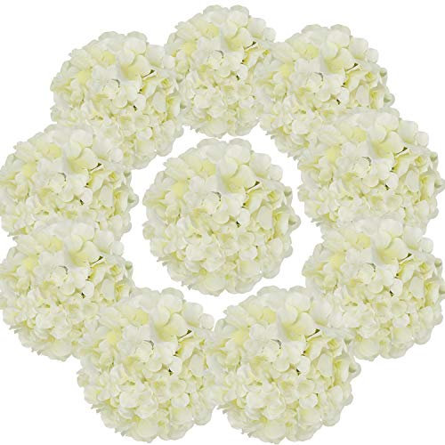 Flojery Cabezas de hortensias de Seda Artificiales con Tallos para decoración del hogar, Boda, Paquete de 10 (Marfil)