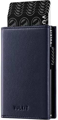 VULKIT Porta Carte Credito Porta Carte Pop-up in Pelle di Vacchetta Pieno Fiore con Blocco RFID con Scomparto per Banconote, Finestra per Documenti, Tasca Porta Monete e Chiusura Magnetica