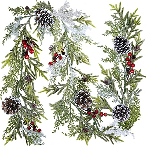 6' Long Snowy Artificial Pine and Cedar Christmas Garland with Pine Cones Red Berries Winter Greenery Garland for Christmas Wedding Winter Seasonal Holiday Table Runner Centerpiece Mantel Decoration