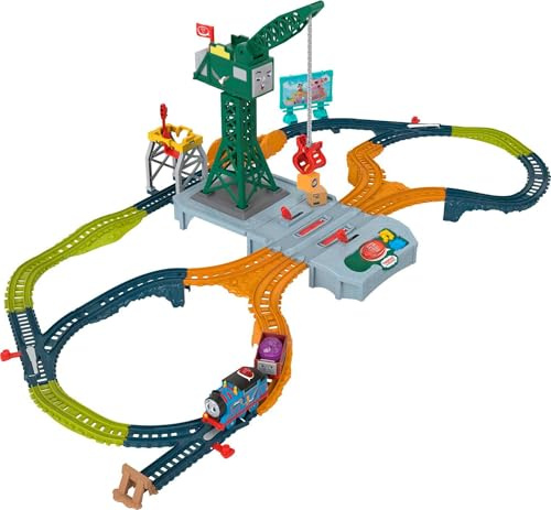 Thomas & Friends Motorized Train Set, Talking Cranky Delivery Set, Battery Powered Toy Train & Crane with Songs & Sounds, UK English Version, HRB37