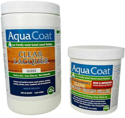Aqua Coat Water Based Wood Finishing Bundle – High Performance Clear Wood Grain Filler Gel, Clear Lacquer Gloss, Applicator, Sanding Pad, DIY, Low Odor, Fast Drying, Extreme Clarity, Water Cleanup