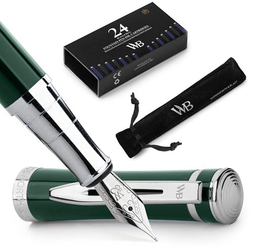 Wordsworth & Black Fountain Pen Set, Medium Nib, Includes 24 Pack Ink Cartridges, Ink Refill Converter & Gift Pouch, Chrome Finish, Calligraphy, [Racing Green], Perfect for Men & Women