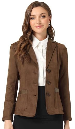 Allegra K Faux Suede Blazer for Women's Lapel Collar Button Front Long Sleeve Jacket Large Brown