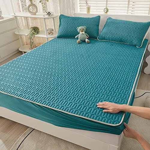 FCLDESHOP gemütlich atmungsaktiv Spannbetttuch,Sommer Cooles Seiden-Latex-Spannbetttuch, einfarbig, rutschfest, extra tiefer Taschen-Matratzenschoner, Kissenbezug, blau, 180 x 200 cm (1 Stück)