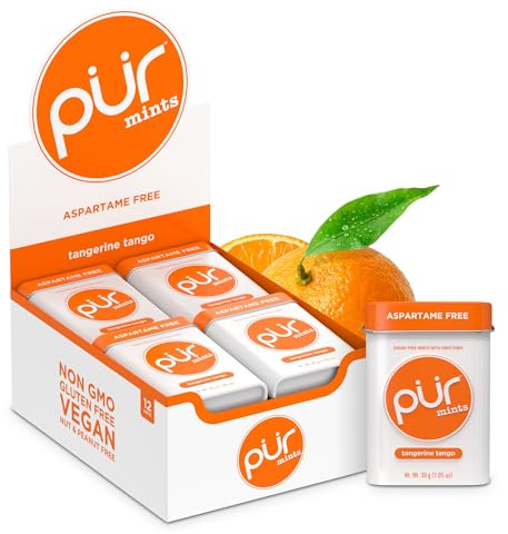 PUR Mints | Aspartamfrei | Hergestellt mit Xylit | Zuckerfrei, Vegan, Glutenfrei & Keto-freundlich | Natürlich aromatisierte Minzbonbons mit Mandarine-Geschmack, 30 Stück (12er-Pack)