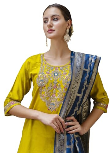 VredeVogel Ensemble de pantalons Kurta pour femme avec dupatta | Ensemble Kurta brodé en viscose et rayonne pour femme, jaune, Medium