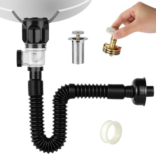 HOTUT Kit de Vidange de Lavabo, Égouttoir de Bonde de Lavabo, Siphon Lavabo Avec Pop-Up Bouchon de Vidange, Tuyau Flexible D'Évacuation Résistant Aux Odeurs Et Aux Insectes, Extensible De 420-935 mm