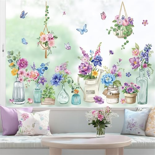 wondever Window Clings Decals Potted Flowers Floral Vase Glass Sticker | Vinyl Static Cling, Anti Collision, Double-Sided, Reusable Removable, Easy to Apply, Decorative, for Window Glass Door Home