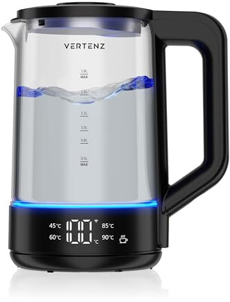 VERTENZ Harmony 30 | SMART Wasserkocher 1,7L mit App-Steuerung | 2000W | 5 Temperaturstufen | LED-Beleuchtung | Glas & Edelstahl | Warmhaltefunktion | Cool-Touch | TUYA Smart | 360° Basis